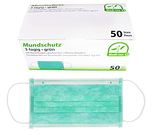 Medi-Inn+ Mundschutz Atemschutz Gesichtsmaske Einwegmaske mit Elastikbändern Typ IIR 3-lagig grün (10 x 50 = 500 Stück) von Medi-Inn+