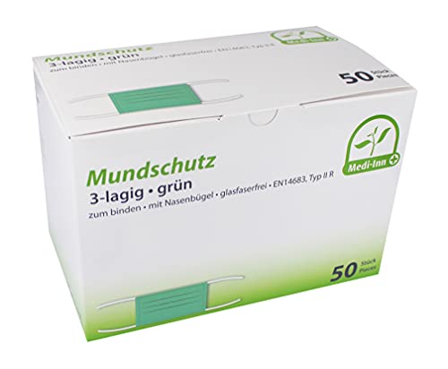 Medi-Inn+ Mundschutz Typ IIR 3-lagig 9 cm x 17,5 cm grün mit Nasenbügel zum Binden (50 Stück) von Medi-Inn+