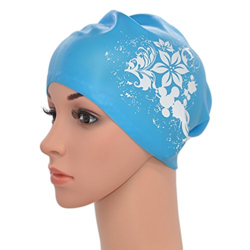 Medifier Damen Badekappe mit Blumendruck, elastisch, Silikon, für langes Haar, Erwachsene (himmelblau) von Medifier