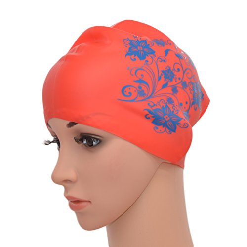 Medifier Damen Badekappe mit Blumendruck, elastisch, Silikon, für langes Haar, Erwachsene (rot) von Medifier