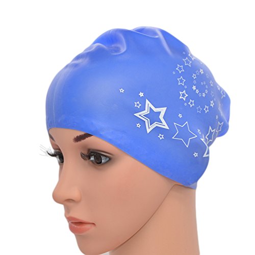 Medifier Damen Badekappe aus elastischem Silikon, für langes Haar, mit Sternen-Aufdruck, Blau von Medifier