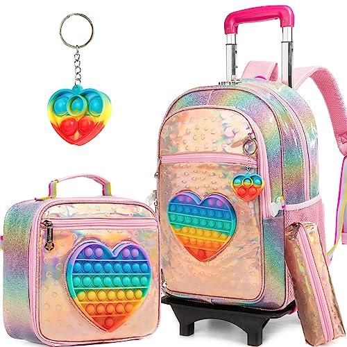 Meetbelify Girls Love Rolling Backpack mit Rädern für Elementary Kindergarten Kids Suitcase Set Travel Laptop Gepäck für Mädchen Alter 6-8 von Meetbelify