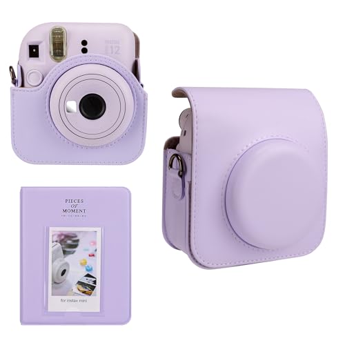 Meetikar Kameratasche und 64 Taschen Fotoalbum kompatibel mit Fujifilm Instax Mini 12 Sofortbildkamera, PU Leder tragbare Mini 12 Kameratasche mit verstellbarem Schulterriemen (Lila) von Meetikar