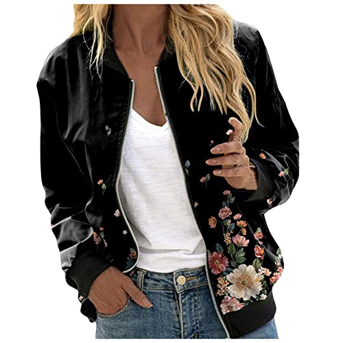 Bomberjacke Damen Damenjacke Outwear Kurz Coat Blouson Pilotenjacke Kurzjacke leichte Reißverschluss Sommer Dünne Jacke Mädchen Herbst Frühling College Jacke Blumenmuster Langarm Jacket Sommerjacke von MeiLyviba