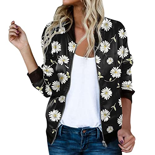 Bomberjacke Damen Damenjacke Outwear Kurz Coat Blouson Pilotenjacke Kurzjacke leichte Reißverschluss Sommer Dünne Jacke Mädchen Herbst Frühling College Jacke Blumenmuster Langarm Jacket Sommerjacke von MeiLyviba