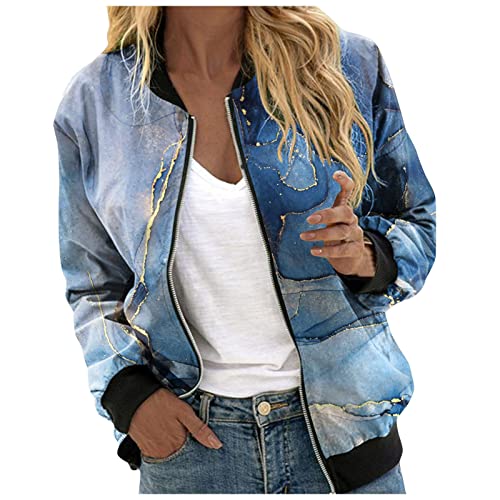 Bomberjacke Damen leichte Reißverschluss Sommerjacke Herbst Frühling College Jacke Blouson Pilotenjacke Kurzjacke Sommer Dünne Jacke Mädchen Damenjacke Outwear Kurz Coat Blumenmuster Langarm Jacket von MeiLyviba