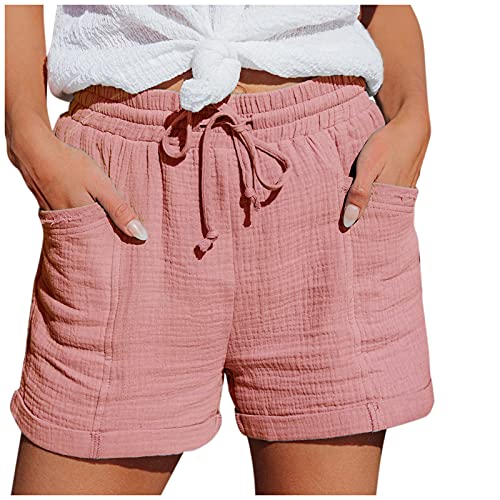 Damen Shorts Sommer Mode Lässige Musselin Hose mit hoher Taille Gerades Bein Sport Lässige Lockere Shorts mit Kordelzug Kurze Hose mit Taschen Gummiband Freizeit Shorts Elastische Stoffhose von MeiLyviba