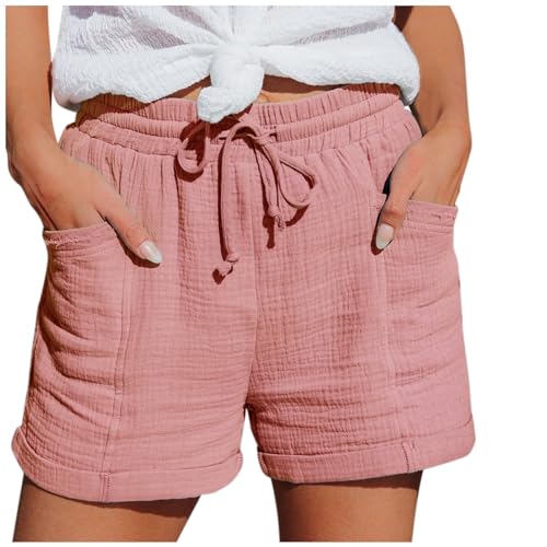 Damen Shorts Sommer Mode Lässige Musselin Hose mit hoher Taille Gerades Bein Sport Lässige Lockere Shorts mit Kordelzug Kurze Hose mit Taschen Gummiband Freizeit Shorts Elastische Stoffhose von MeiLyviba