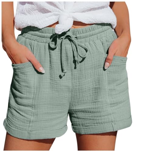 Damen Sommer Mode Lässige Musselin mit hoher Taille Gerades Bein Sport Lockere Shorts mit Kordelzug Kurze Hose mit Taschen Gummiband Freizeit Elastische Stoffhose von MeiLyviba