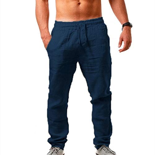 Leinenhose Herren Leicht Sommerhose Elastisch Gummibund Kordelzug Loose Fit Lange Freizeithose Baggy Weite Beine Strandhose Jogginghose Casual Einfarbig Stoffhose für Urlaub Strand Zuhause von MeiLyviba