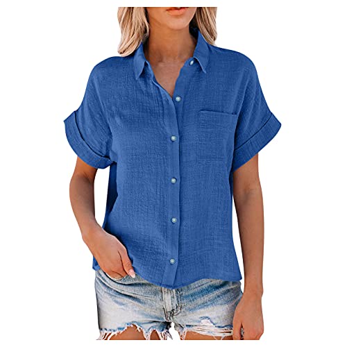 MeiLyviba Damen Bluse Kurzarm Damenblusen Hemdbluse Oberteile Tshirt T Shirt Tops Bunte Blumenmuster Druck V-Ausschnitte Elegant Tunika Lose Knöpfe mit Kragen Kurz Ärmel Sommershirts Mode Lose von MeiLyviba