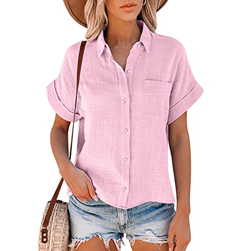 MeiLyviba Damen Bluse Kurzarm Damenblusen Hemdbluse Oberteile Tshirt T Shirt Tops Bunte Blumenmuster Druck V-Ausschnitte Elegant Tunika Lose Knöpfe mit Kragen Kurz Ärmel Sommershirts Mode Lose von MeiLyviba