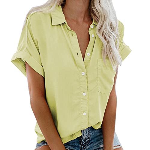 MeiLyviba Damen Bluse Kurzarm Sommershirts Mode Lose Tunika Lose Knöpfe Oberteile Tshirt mit Kragen Kurz Ärmel T Shirt Tops Bunte Blumenmuster Druck V-Ausschnitte Elegant Damenblusen Hemdbluse von MeiLyviba