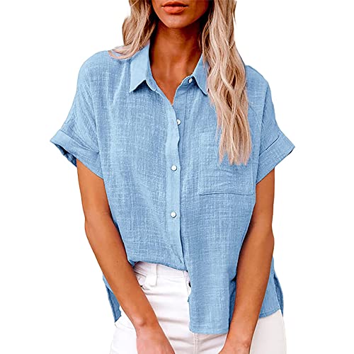 MeiLyviba Damen Bluse Kurzarm Sommershirts Mode Lose Tunika Lose Knöpfe Oberteile Tshirt mit Kragen Kurz Ärmel T Shirt Tops Bunte Blumenmuster Druck V-Ausschnitte Elegant Damenblusen Hemdbluse von MeiLyviba