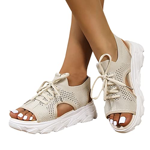 MeiLyviba Damen Sandalen Bequem Flach Klettverschluss Sandaletten Mit Absatz Sommer Vintage Elegant Schnüren Schuhe Ultraleichte Tennisschuhe Stretch Fly Woven Sommerschuhe von MeiLyviba