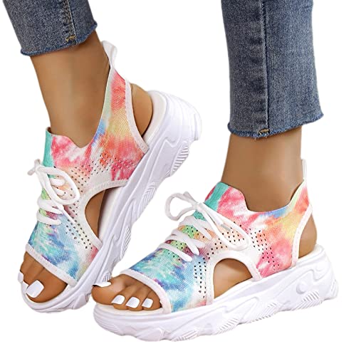 MeiLyviba Damen Sandalen Bequem Flach Klettverschluss Sandaletten Mit Absatz Sommer Vintage Elegant Schnüren Schuhe Ultraleichte Tennisschuhe Stretch Fly Woven Sommerschuhe von MeiLyviba