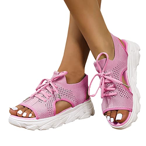 MeiLyviba Damen Sandalen Bequem Flach Klettverschluss Sandaletten Mit Absatz Sommer Vintage Elegant Schnüren Schuhe Ultraleichte Tennisschuhe Stretch Fly Woven Sommerschuhe von MeiLyviba