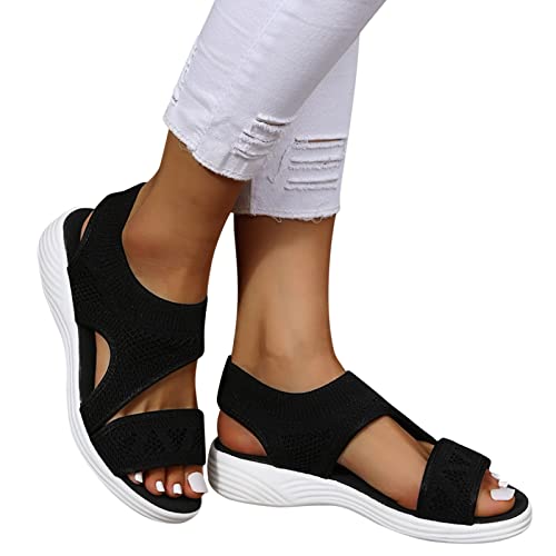 MeiLyviba Damen Sandalen Bequem Flach Klettverschluss Sandaletten Mit Absatz Sommer Vintage Elegant Schnüren Schuhe Ultraleichte Tennisschuhe Stretch Fly Woven Sommerschuhe von MeiLyviba