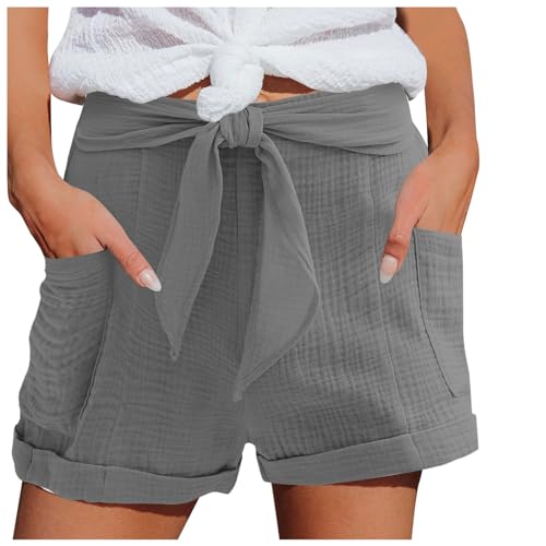 MeiLyviba Damen Shorts Sommer Mode Lässige Musselin Hose mit hoher Taille Gerades Bein Sport Lässige Lockere Shorts mit Kordelzug Kurze Hose mit Taschen Gummiband Freizeit Shorts Elastische Stoffhose von MeiLyviba