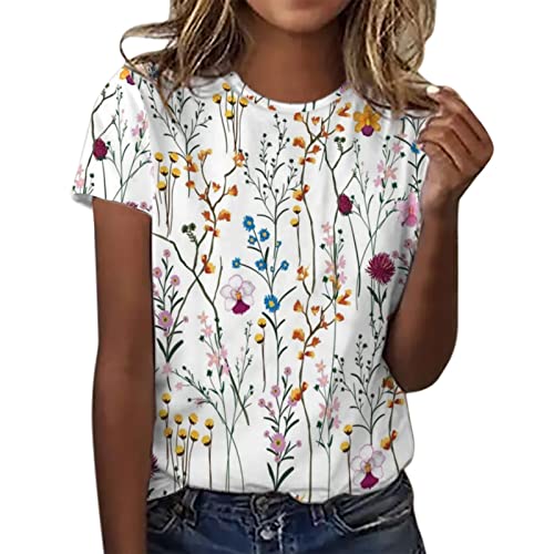 MeiLyviba Tshirt Damen Kurzarm Weiss T-Shirt mit Druck Elegante Oberteile Lässig Pullover Rundhals Basic Shirt Teenager-Mädchen Elegant Tunika Top Casual Sommer Shirts mit Blumen Schmetterling Muster von MeiLyviba