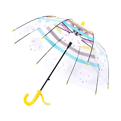 Meichoon Kinder langer Griff Regenschirm Push-Pull Offener Regenbogen gestreiftes Muster Schöne Wolken Gewölbter Griff Easy Grip Anti-Bruch für Jungen Mädchen im Alter von 3-10 Jahren Gelb von Meichoon