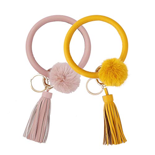 Armband Schlüsselbund Armreif Schlüsselring Quaste Armband Schlüsselhalter für Frauen Teen Mädchen 2 Stück Pink & Gelb von MengH-SHOP