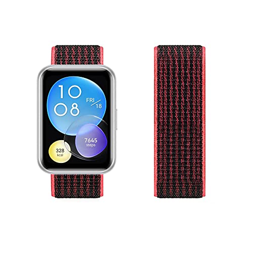 Kompatibel mit Huawei Watch Fit 2 Armband Nylon Sport Loop Uhrenarmbänder für Huawei Watch Fit 2 Fabric Stoff Verstellbares Atmungsaktives Ersatzarmband für Huawei Watch Fit 2 (Schwarz Rot,fit2) von Menglo
