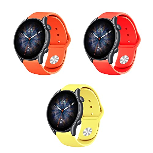 Menglo Silikon Armband kompatibel mit Amazfit GTR 3/GTR 3 Pro Sport Uhrenarmband 3 Stück Silikon Ersatzarmband für Amazfit GTR 3/GTR 3 Pro Ersatzband 22mm Watch Band (orange rot gelb,22mm) von Menglo