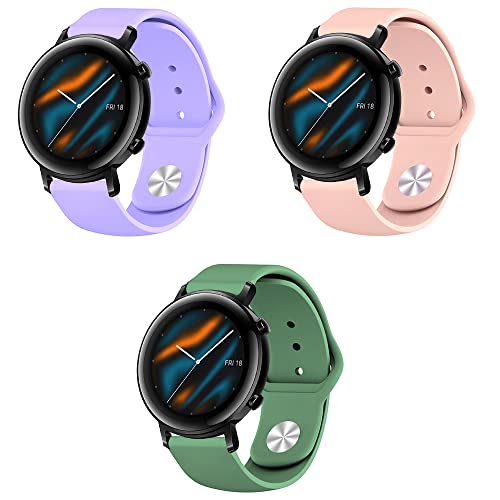 Silikon Armband kompatibel mit Huawei Watch GT2 42mm Sport Uhrenarmband 3 Stück Silikon Ersatzarmband für Huawei Watch GT2 42mm Ersatzband 20mm Silikonarmband (Lavendel Rosa Grün,20mm) von Menglo