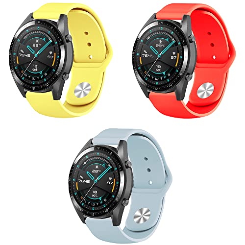 Silikon Armband kompatibel mit Huawei Watch GT2 46mm Sport Uhrenarmband 3 Stück Silikon Ersatzarmband für Huawei Watch GT2 46mm Silikonarmband 22mm Ersatzband (gelb rot hellblau,22mm) von Menglo