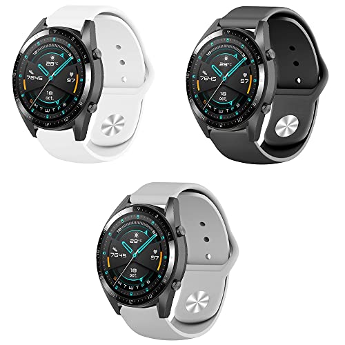 Silikon Armband kompatibel mit Huawei Watch GT2 46mm Sport Uhrenarmband 3 Stück Silikon Ersatzarmband für Huawei Watch GT2 46mm Silikonarmband 22mm Ersatzband (weiß grau schwarz,22mm) von Menglo