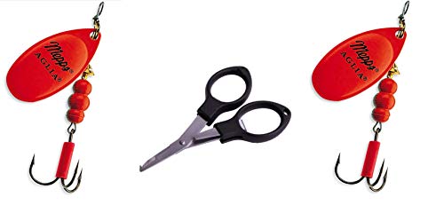 Mepps Aglia Set: 2 x Mepps Agila Fluo rot Gr.4 red + gratis Angelschere & Petri Heil Aufkleber von Mepps