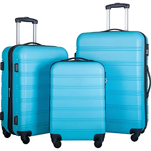 Flieks Flieks 3-teiliges Gepäckset Erweiterbar Spinner Koffer Kofferset, A-Sky Blue 3-teilig (20/24/28) Hardside, 3er Set, Gepäck-Sets von Merax