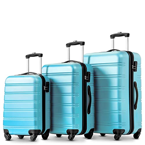 Merax Koffer Set, Hartschalen Kofferset 3 Teilig, Reisekoffer mit Kombinationsschloss und Universalrad, Erweiterbar Handgepäck Koffer, Teleskopgriff, 4 Rollen, S-M-L-Set, ABS-Material, Hellblau von Merax