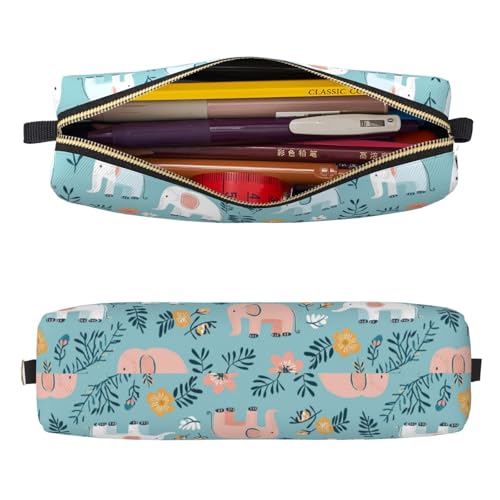 Mexpekil Federmäppchen aus Leder für Mädchen und Jungen, kleine Stift-Organizer-Tasche, Reißverschluss, schmal, Mehrzweck-Tasche für Schulbedarf, Kinder und Erwachsene, Elefanten Blumen Blätter von Mexpekil