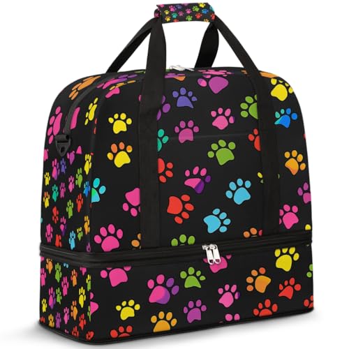 Reisetasche mit Schuhfach und Trolleyhülle, bunte Hundepfotenabdrücke, Sport, Turnbeutel, faltbar, Wochenendtasche für Damen und Herren, Schwarz von Mexpekil