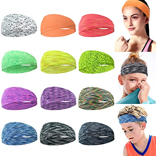MiDoDo 12 stück Sport Damen und Herren Stirnband Haarband für Jugendliche Frauen rutschfeste Wicking Stretch Kopfband für Sport, Yoga, Tanzen, Laufen, Radfahren (12PCS) von MiDoDo