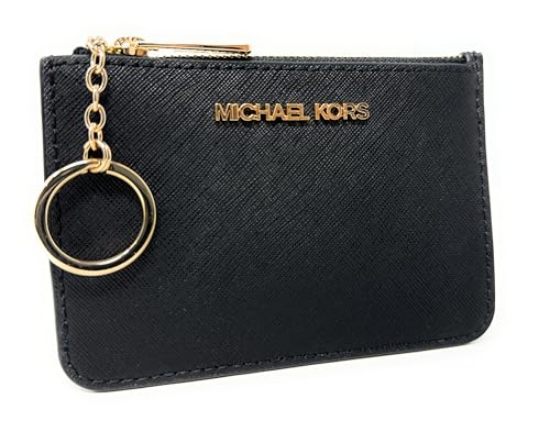 Michael Kors Jet Set Reise-Münztasche mit Reißverschluss, klein, mit Ausweishalter, Saffiano-Leder, mehrere Farben, Schwarz, Small, Münzfach mit Reißverschluss oben von Michael Kors