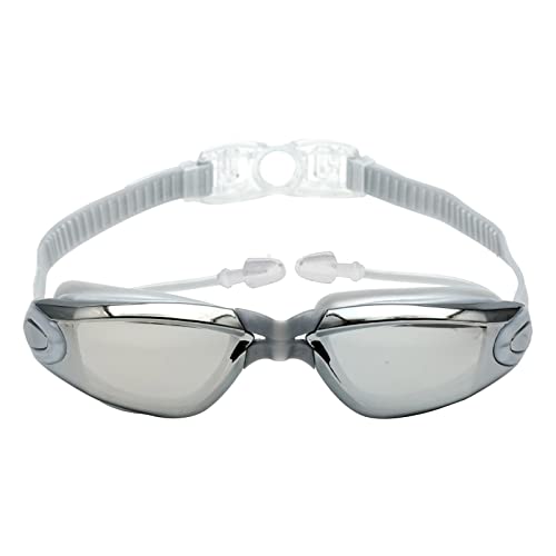 Schwimmbrille mit Ohrstöpsel für Herren Damen Jugendliche - Taucherbrille Erwachsene Anti-Fog und UV Schutz, Wassersport Schwimmbrillen für Männer Frauen Mädchen Jungen 10+ Jahre (Silber) von Micozy
