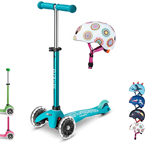 Mini micro™ Deluxe LED | Das ORIGINAL | Kinder Roller ab 2 Jahren | inkl. zertifiziertem Helm | Kinderroller von 2-5 Jahre | Kickboard Scooter | 2 3 4 5 Jahre (Roller: Aqua/Helm: Doodle Dot, S) von MICRO
