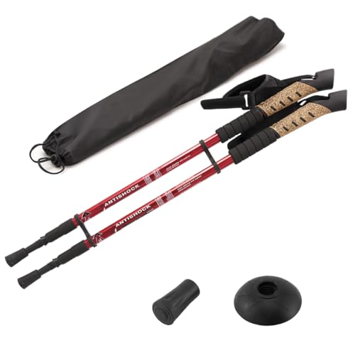 MidGard Nordic Walking Stöcke Teleskop Antischock Wanderstöcke aus Aluminiumlegierung mit Korkgriff & Dämpfung verstellbar in der Länge 70-135 cm Rot von MidGard
