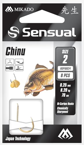 8 x Mikado CHINU 70cm fertig gebundene goldene Angelhaken Maishaken Karpfenhaken #10/0,18mm von Mikado Carp