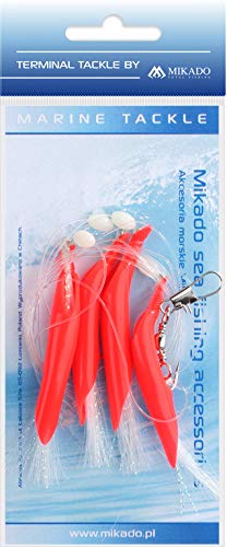 MIKADO Hair Tube Rig, Paternoster Vorfach ideal für Dorsch, mit rotem Schlauch und gelben oder weißen Federn, mit Hakengrößen 1/0 und 3/0 (Vorfach 3/0 - Rot-Weiß) von Mikado
