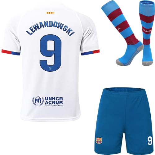 Mikalay Barcelona Robert Lewandowski #9 Auswärts 2023/2024 Fußball Kinder Trikot, Shorts Socken Set Jugendgrößen (Weiß,16) von Mikalay