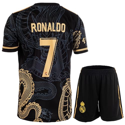 Mikalay Madrid Ronaldo #7 Retro Black Dragon Limitierte Sonderedition Seltenes Fußball Kinder Trikot Shorts Set Jugendgrößen (Schwarz,140) von Mikalay