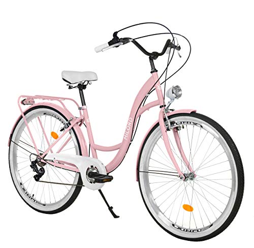Milord. 26 Zoll 7-Gang Rosa Komfort Fahrrad mit Rückenträger, Hollandrad, Damenfahrrad, Citybike, Cityrad, Retro, Vintage von Milord Bikes