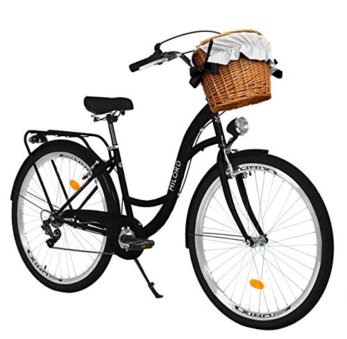 Milord. 26 Zoll 7-Gang schwarz Komfort Fahrrad mit Korb und Rückenträger, Hollandrad, Damenfahrrad, Citybike, Cityrad, Retro, Vintage von Milord Bikes