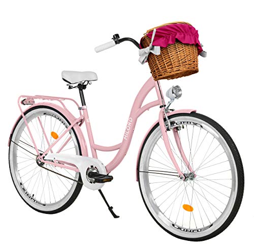 MILORD. 28 Zoll 1-Gang rosa Komfort Fahrrad mit Korb und Rückenträger, Hollandrad, Damenfahrrad, Citybike, Cityrad, Retro, Vintage von MILORD