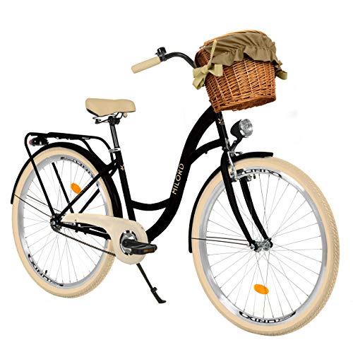 Milord Komfort Fahrrad mit Weidenkorb Hollandrad, Damenfahrrad, Citybike, Retro, Vintage, 28 Zoll, Schwarz-Creme, 3-Gang Shimano von Milord Bikes