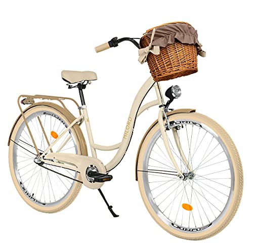 Milord Komfort Fahrrad mit Weidenkorb, Hollandrad, Damenfahrrad, Citybike, Retro, Vintage, 28 Zoll, 3-Gang, Creme-Braun von Milord Bikes